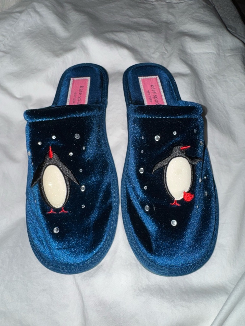 Kate Spade New York Jolie Penguin Velvet Slippers Blue Rhinestone